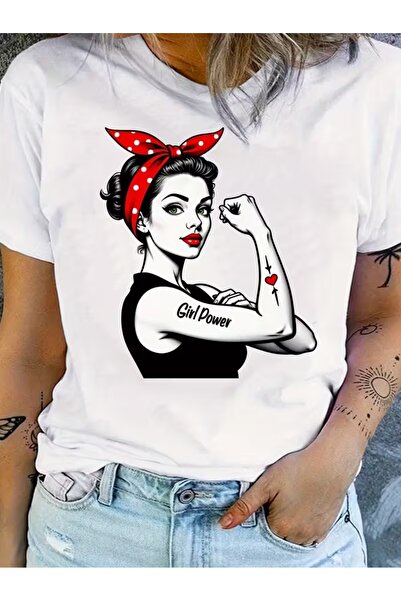 AEMİ Tricou oversize cu gât rotund, imprimat Girl Power, unisex