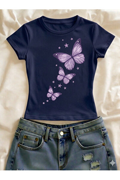 Vordevia Tricou crop cu mânecă scurtă, cu imprimeu fluturi, din lycra, cu cro...