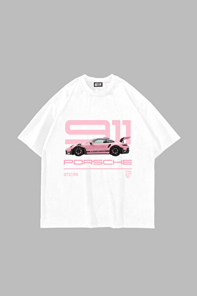 Sekizbiraltı Μπλουζάκι 911 Pink Printed Oversize Unisex Λευκό