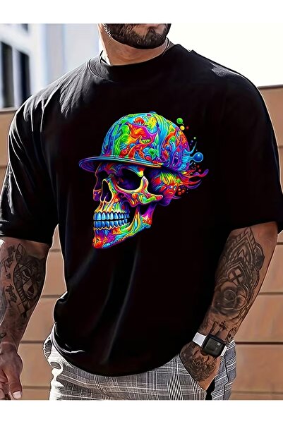 AEMİ Unisex πολύχρωμο μπλουζάκι με στάμπα κρανίου, μεγάλου μεγέθους, με λαιμό...