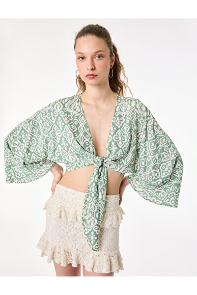 Koton Διπλόστρωτο κιμονό από βισκόζη με μακρύ μανίκι και λεπτομέρεια δεσίματο...