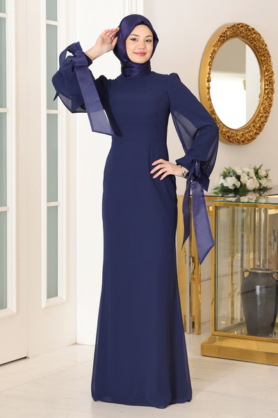 AHUNUR Tesettürde Mutluluk Turquoise Hijab Evening Dress with Belt