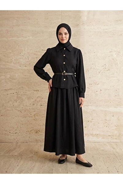 Foremia Front and Back Pencil Belt Detailed Skirt Suit - Black