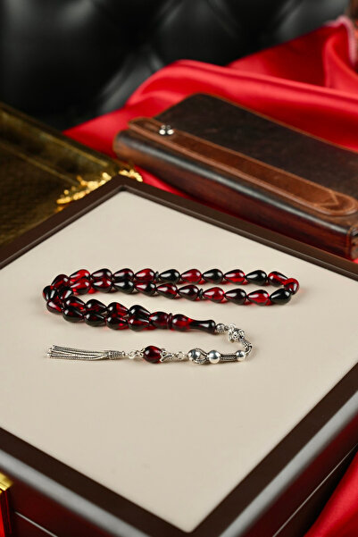dergah tesbih Tear Drop Model Silver Design Fire-Impregnated Amber Prayer Beads