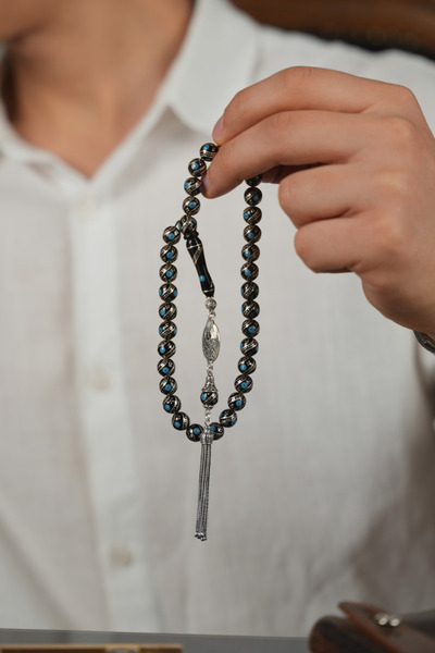 dergah tesbih Erzurum Oltu Stone Full Silver Turquoise Engraved Sphere Model Prayer Beads