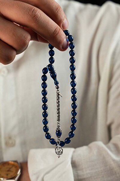 dergah tesbih Wrist Length Silver Seljuk Eagle Tassel Blue Fire-I Amber Praye...