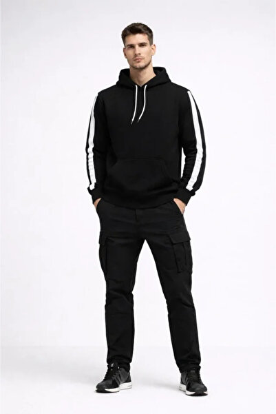 Wear Up Ανδρικό φούτερ με κουκούλα ριγέ oversized βαμβακερό - Μαύρο