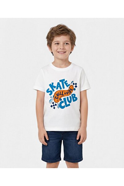 Pine kids تي شيرت محبوك بأكمام نصفية مع طباعة تزلج - أبيض