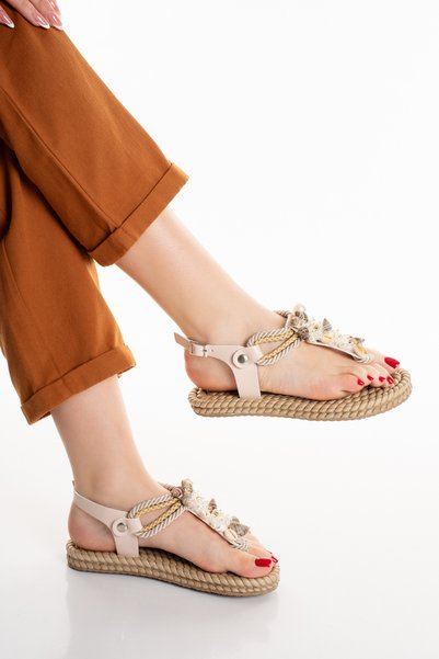HAYAT SHOES Straw Flip Flops with Shell Pearl Detail in Nude Color for Women