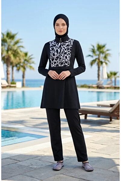 sefamerve Μαγιό με σχέδια για τουαλέτα με χιτζάμπ 2604-01 Μαύρο και Λευκό