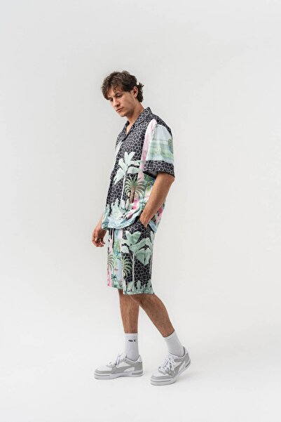go gang own Paradise Patterned Short Sleeve Shirt and Elastic Waist Shorts Set