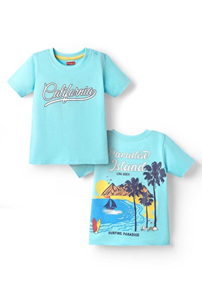 Babyhug Knit Half Sleeves T-Shirt with Front & Back Beach Theme Print - Aqua ...