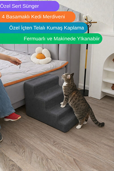 Dizanor Özel Sünger Ve Özel Kumaşlı 4 Basamaklı Basamaklı Kedi Köpek Merdiveni