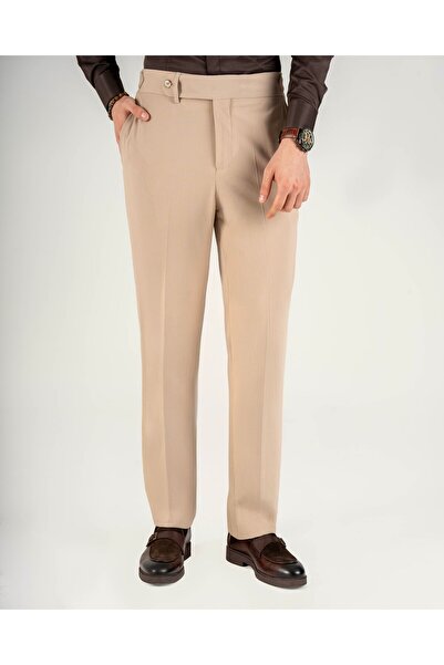 TerziAdemAltun Italian Style Slim Fit Waist Detailed Men's Trousers Beige T14929