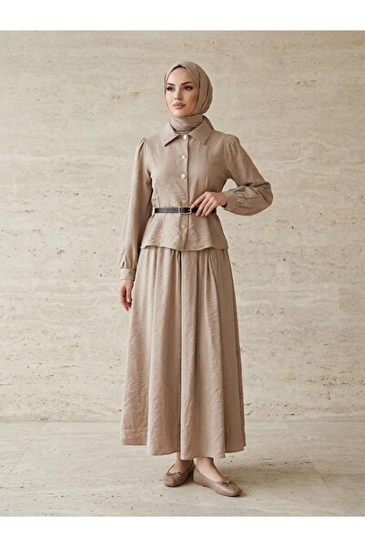 Lunsera Store طقم تنورة بتفاصيل حزام أمامي وخلفي - مينك