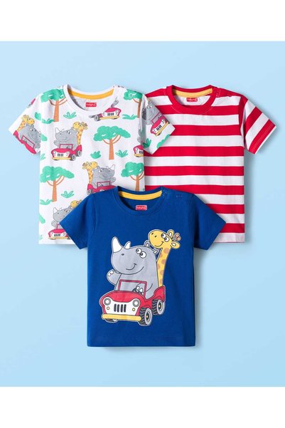 Babyhug Knit Half Sleeves T-Shirts with Safari Theme Print (Pack of 3) - Mult...