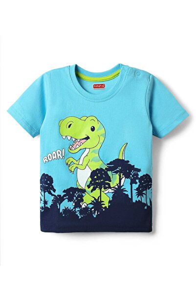 Babyhug Knit Half Sleeves T-Shirt With Dino Print - Light Blue