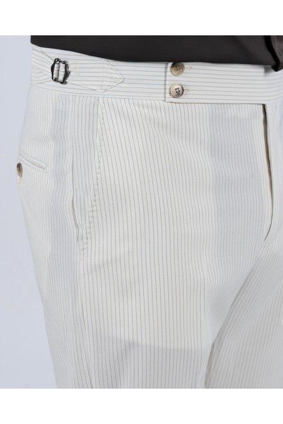 TerziAdemAltun Slim Fit Striped Trousers with Belt Detail Beige T13685