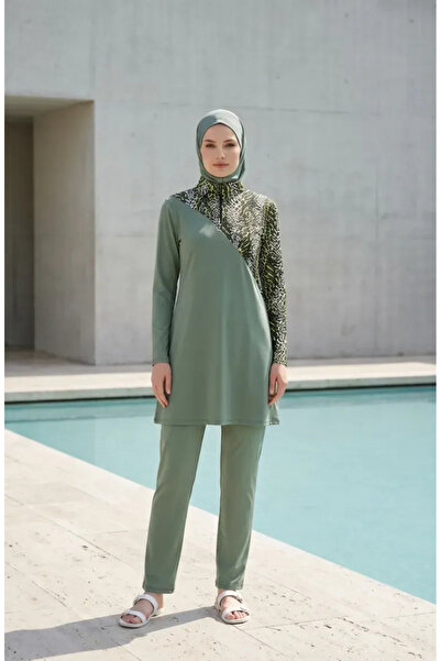 sefamerve Μαγιό με σχέδια και λεπτομέρεια με φερμουάρ, Χακί 2608-01