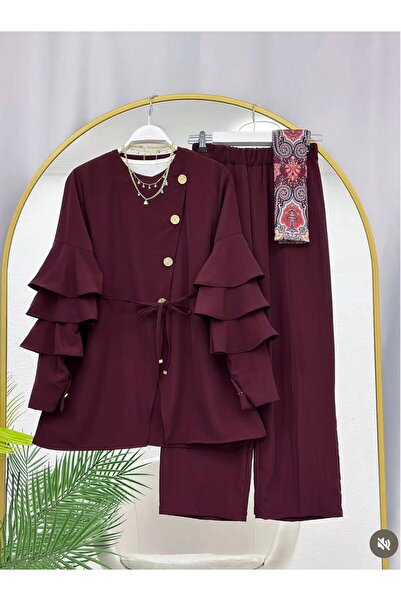 moda paketi Γυναικείο Σετ Τουνίκ και Παντελόνι με Βολάν στα Μανίκια και Ζώνη ...