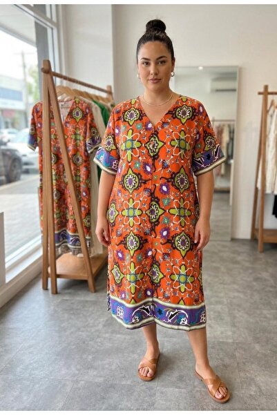 MONAMORE Women's Plus Size Front Button Ethnic Dress