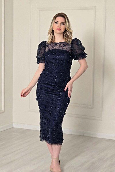 Yonca Moda Evi Lacivert Balon Kol Midi Abiye 40139