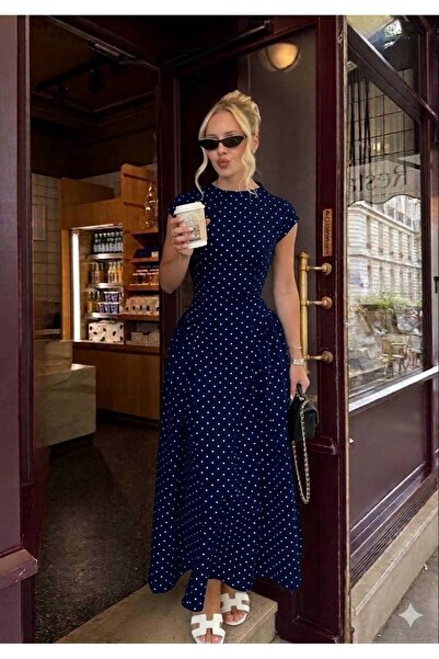 fiolin Μάξι φόρεμα με πουά λεπτομέρειες, πλισέ στο πλάι και όρθιο γιακά