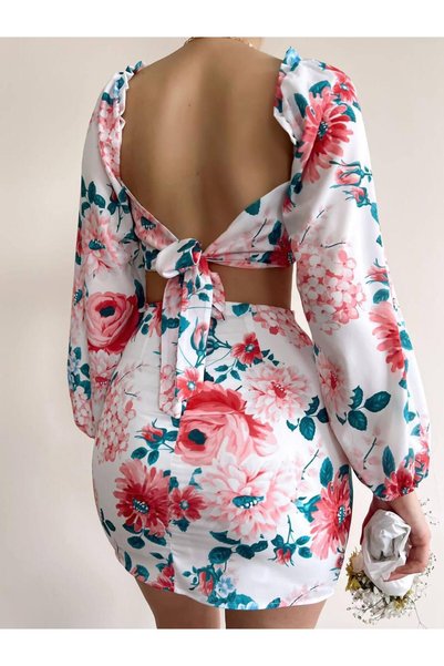 MODA GARDEN 35 Ar66 Backless Tie Detail Floral Pattern Mini Dress