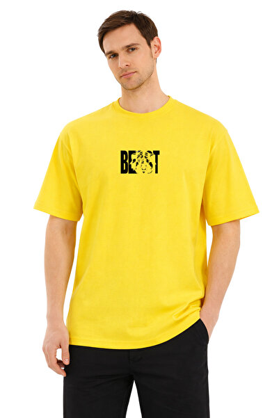 DUBU BUTİK Unisex Oversize κίτρινο μπλουζάκι με στάμπα 100% βαμβάκι Best Lion...