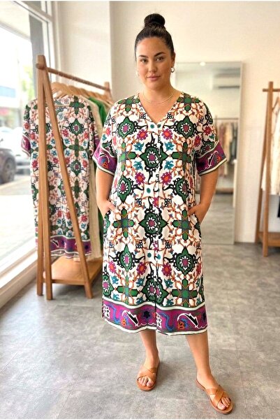 MONAMORE Γυναικείο έθνικ φόρεμα μεγάλου μεγέθους με κουμπιά μπροστά