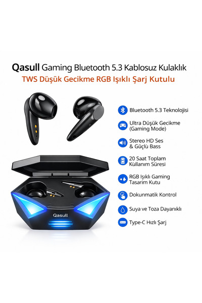 qasul Gamıng Bluetooth 5.3 Kablosuz Kulaklık TWS Düşük Gecikme RGB Işıklı Ste...