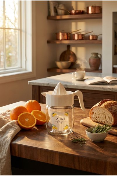 ZURİ DESİGN Glass Citrus Juicer Transparent Design with White Lid and Handle Small Lemon Squeezer