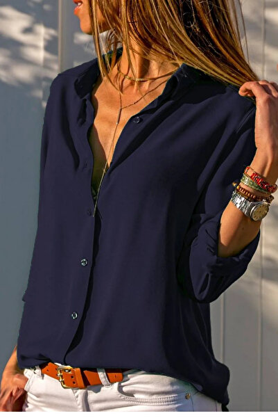 bysoca Γυναικείο πουκάμισο μπλε ναυτικό μονόχρωμο, υφαντό, μακρυμάνικο, με μα...