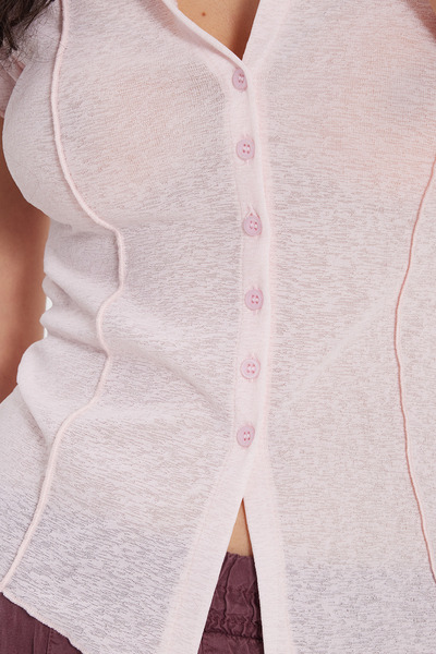 Tudors Kadın Slim Fit Dar Kesim Kısa Kollu Dikiş Detaylı Dokulu Düğmeli Pembe Bluz Gömlek