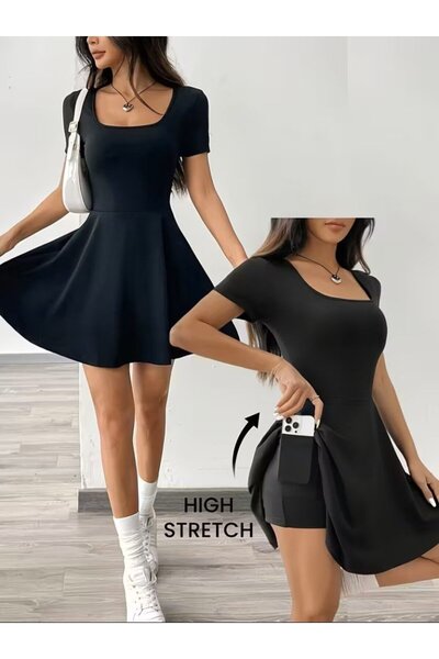 Wear Up Γυναικεία κοντομάνικη ολόσωμη φόρμα με τετράγωνο γιακά και λεπτομέρει...