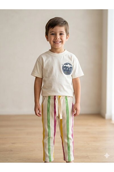 Motebarn Wear Boys' Seersucker Fabric Colorful Striped Pants and Printed T-Shirt Two-Piece Set