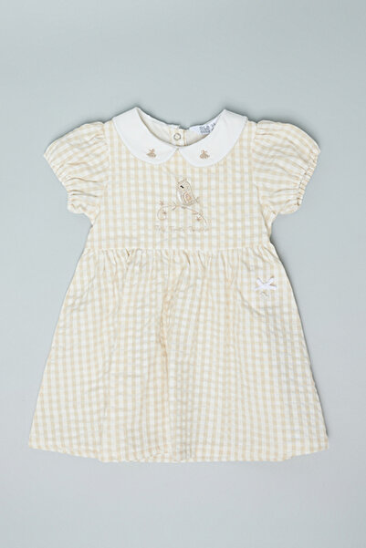 R&B Checked Flared Dress with Peter Pan Collar and Puff Sleeves