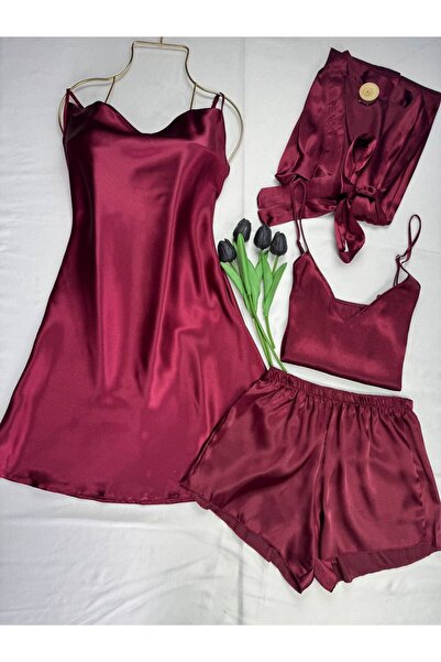 ROZENİN LINGERIE 4'ü Saten Sabahlık Gecelik Pijama Takımı Çeyiz Seti