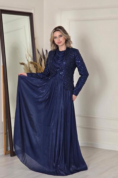 Yonca Moda Evi Lacivert Ceketli Elbise Takım 5390