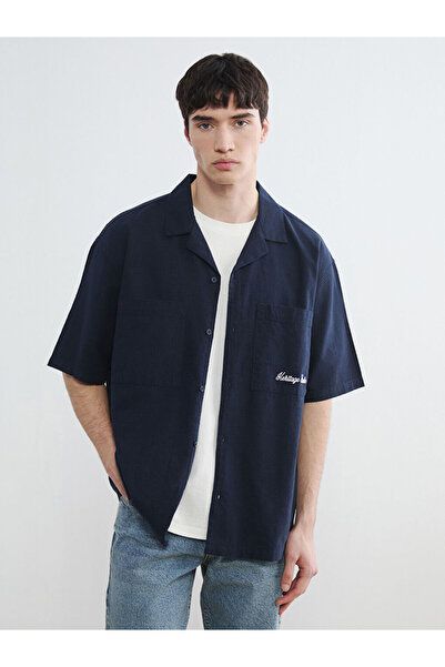 LC Waikiki Navy Blue Regular Fit Embroidered Linen Blend Men's Shirt