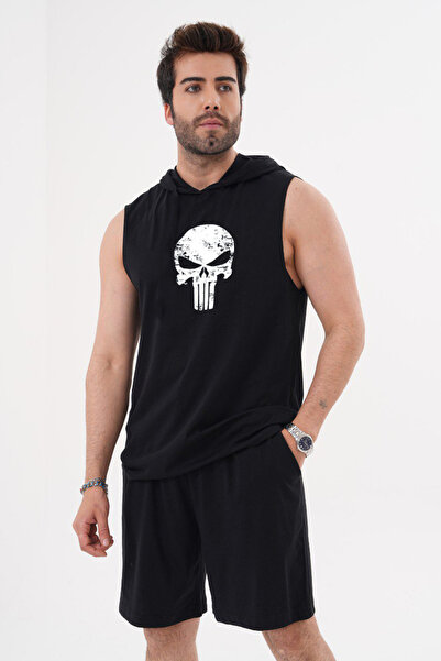 ZAVIXO Ανδρικό σετ αμάνικων σορτς με στάμπα κρανίου, άνετο αθλητικό για καθημ...