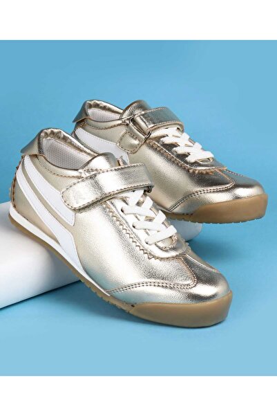 Pine kids Velcro Closure Casual Shoes with Stripes - Golden