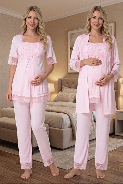 BLACKMORE Women's Pink Cotton Lace Detailed Maternity Pajama Set with 3-Piece...