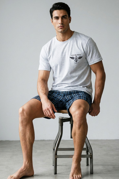 Siyah İnci γκρι Σκούρο Μπλε Καρό Πλεκτό Σετ Πιτζάμες με Στάμπα και Κοντομάνικ...