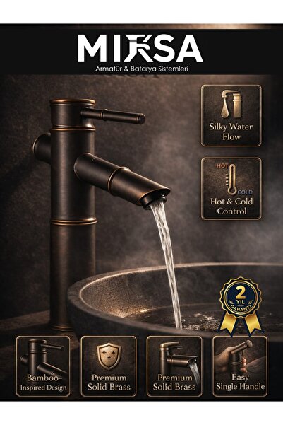 MİXSA Premium Bambu Siyah Banyo Lavabo Bataryası Çeşmesi Musluğu Modern Musluk