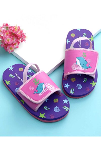 Babyoye Back Strap Closure Flip Flops With Sea Animals Print - Lavender & Pink