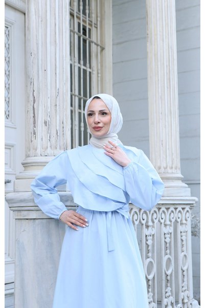 HNT Hayrunnisa Tesettür Ruffle Detailed Belted Terry Cotton Dress Baby Blue Hnt0313