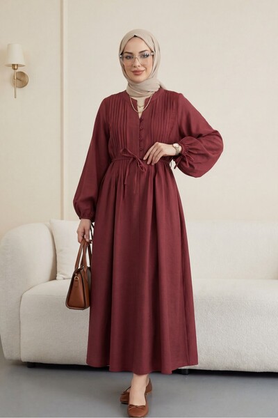 HİJABAYA Half Button Ribbed Lace-Up Tencel Dress