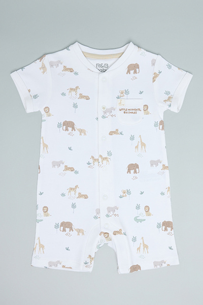 R&B Printed Romper with Stand Collar and Short Sleeves