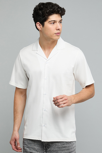 R&B Textured Shirt with Revere Collar and Short Sleeves